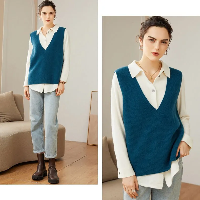 Womens V-Neck Sleeveless Cashmere Vest Ribbed Trim Cashmere Waistcoat