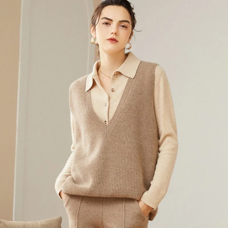 Womens V-Neck Sleeveless Cashmere Vest Ribbed Trim Cashmere Waistcoat