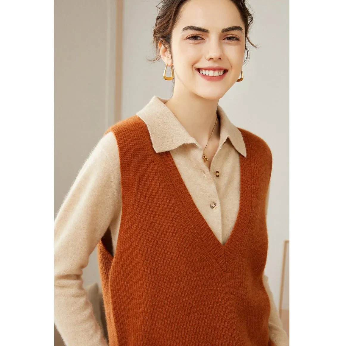 Womens V-Neck Sleeveless Cashmere Vest Ribbed Trim Cashmere Waistcoat