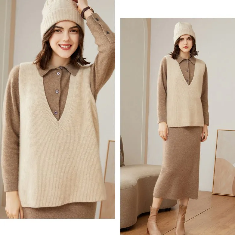 Womens V-Neck Sleeveless Cashmere Vest Ribbed Trim Cashmere Waistcoat