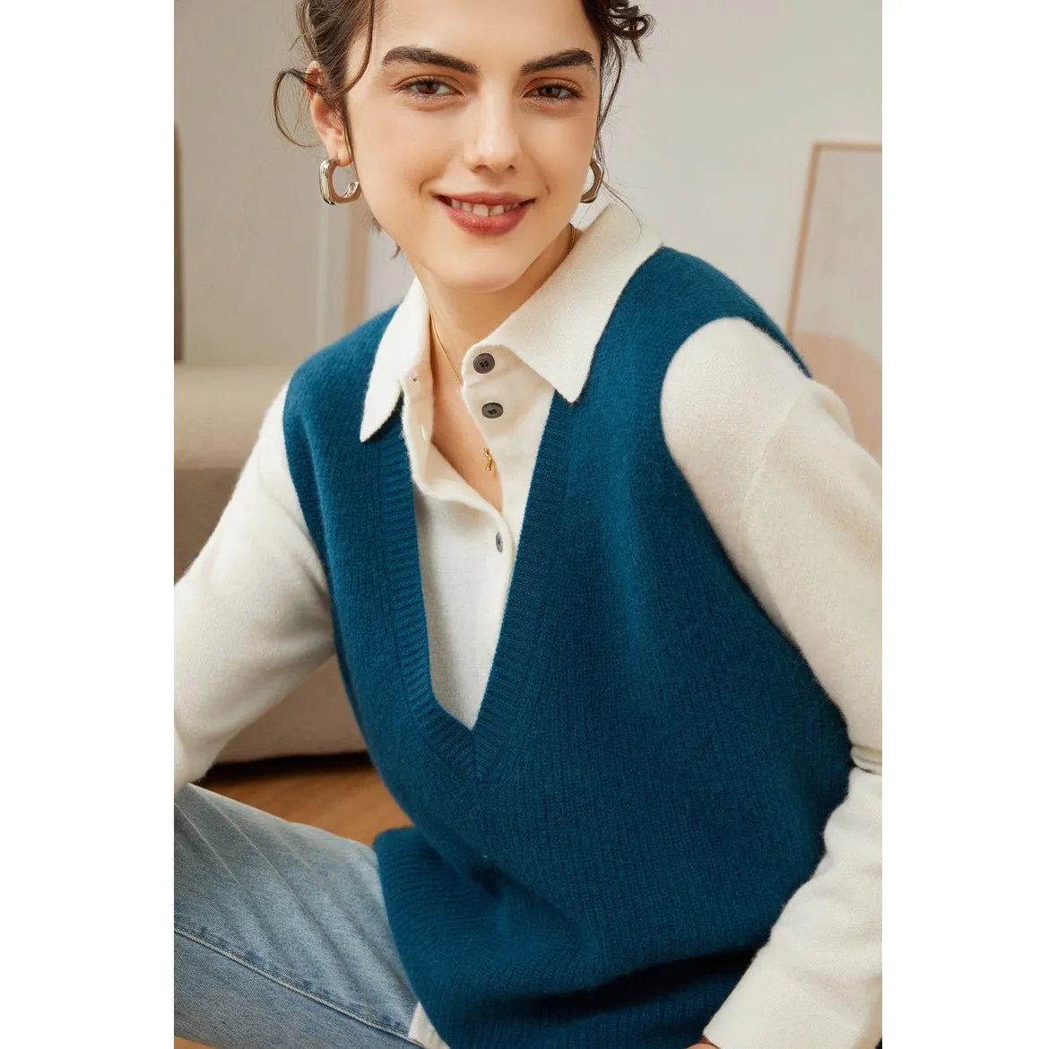 Womens V-Neck Sleeveless Cashmere Vest Ribbed Trim Cashmere Waistcoat