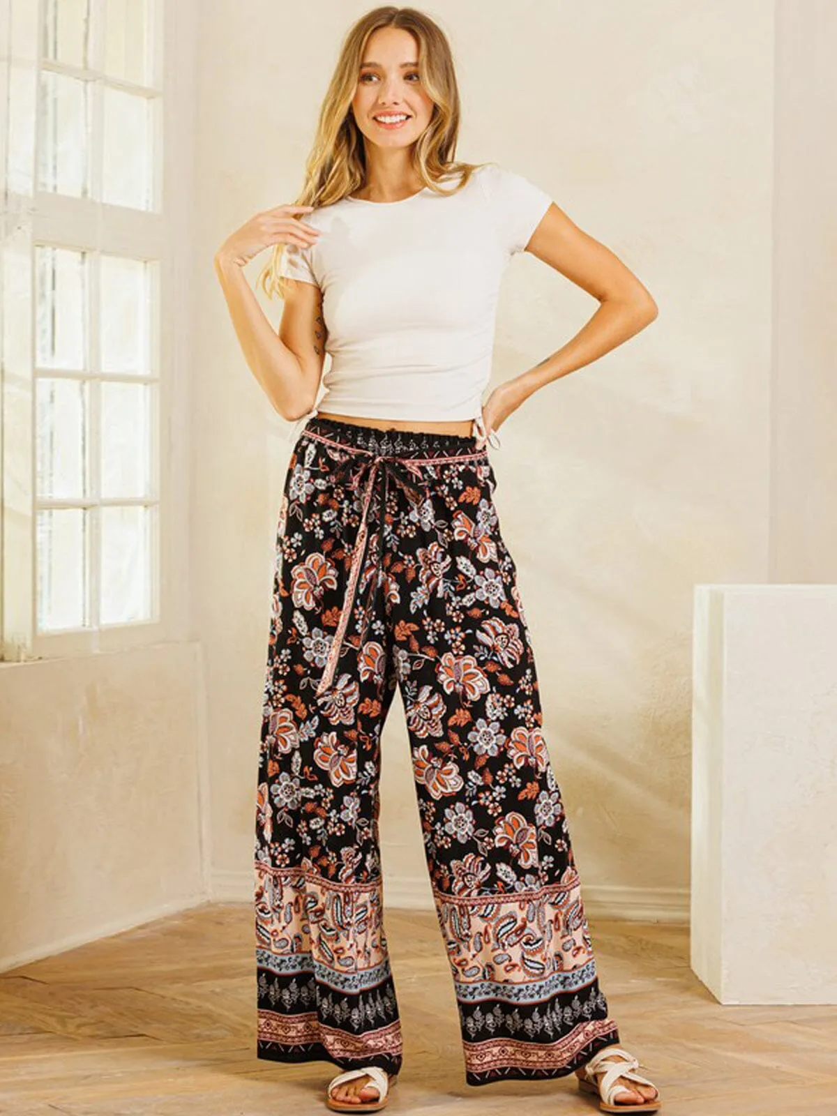WOMEN'S WIDE LEG MULTI PRINT SELF TIE PANTS