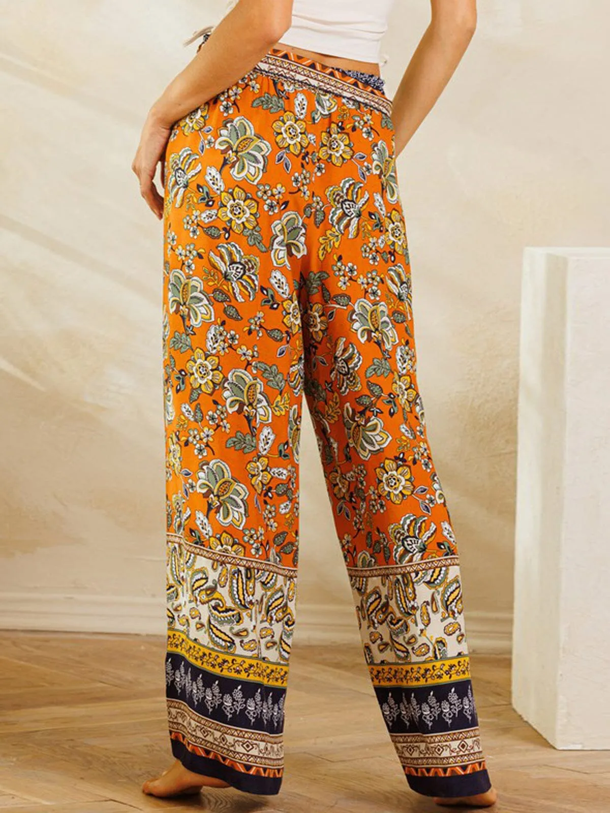 WOMEN'S WIDE LEG MULTI PRINT SELF TIE PANTS