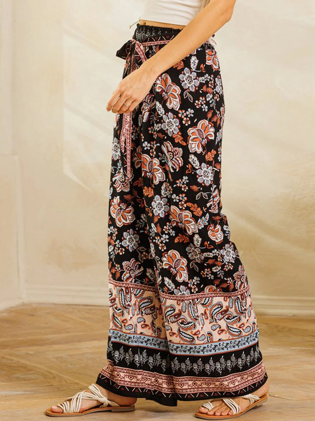 WOMEN'S WIDE LEG MULTI PRINT SELF TIE PANTS