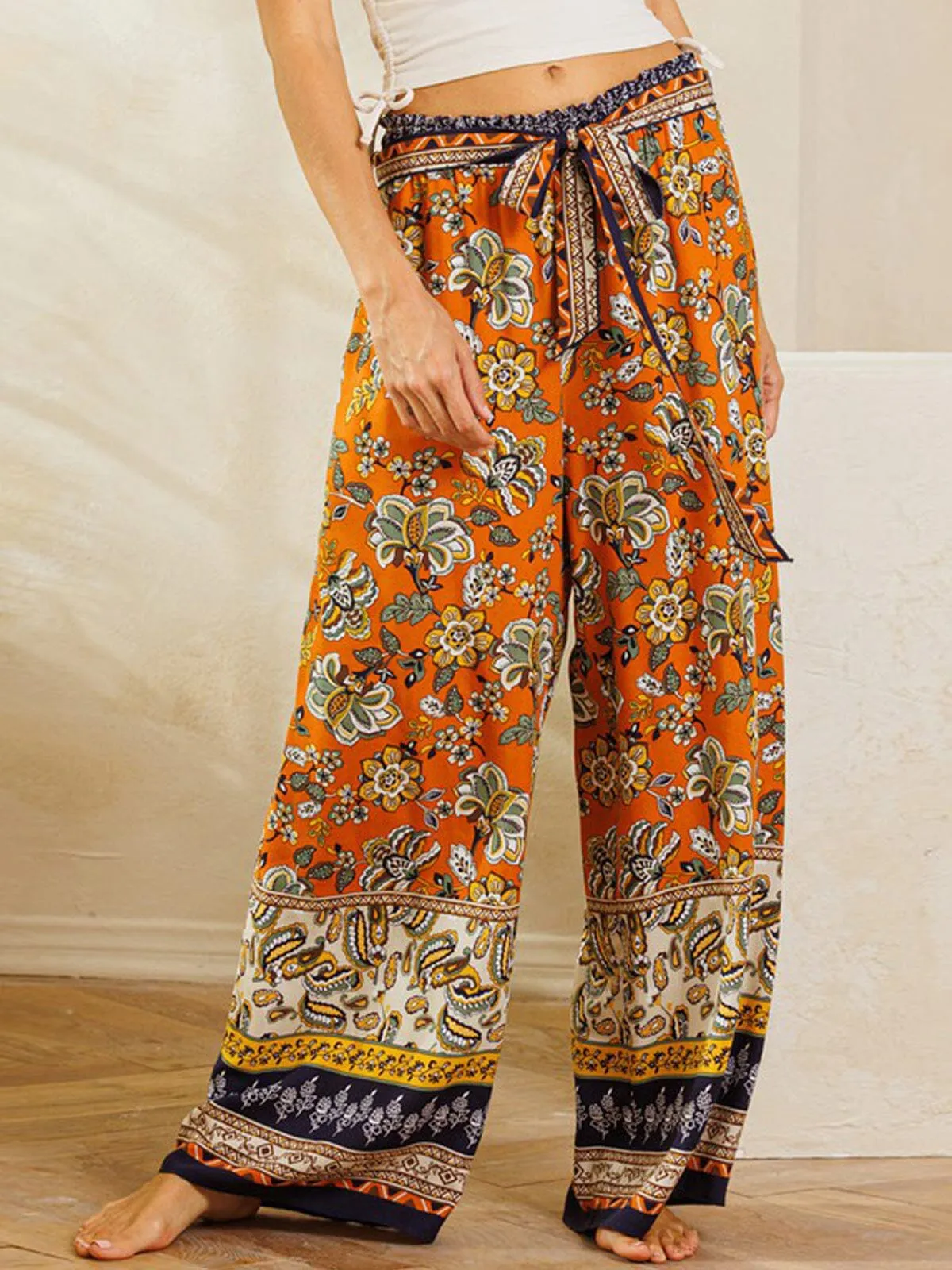 WOMEN'S WIDE LEG MULTI PRINT SELF TIE PANTS