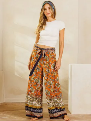 WOMEN'S WIDE LEG MULTI PRINT SELF TIE PANTS