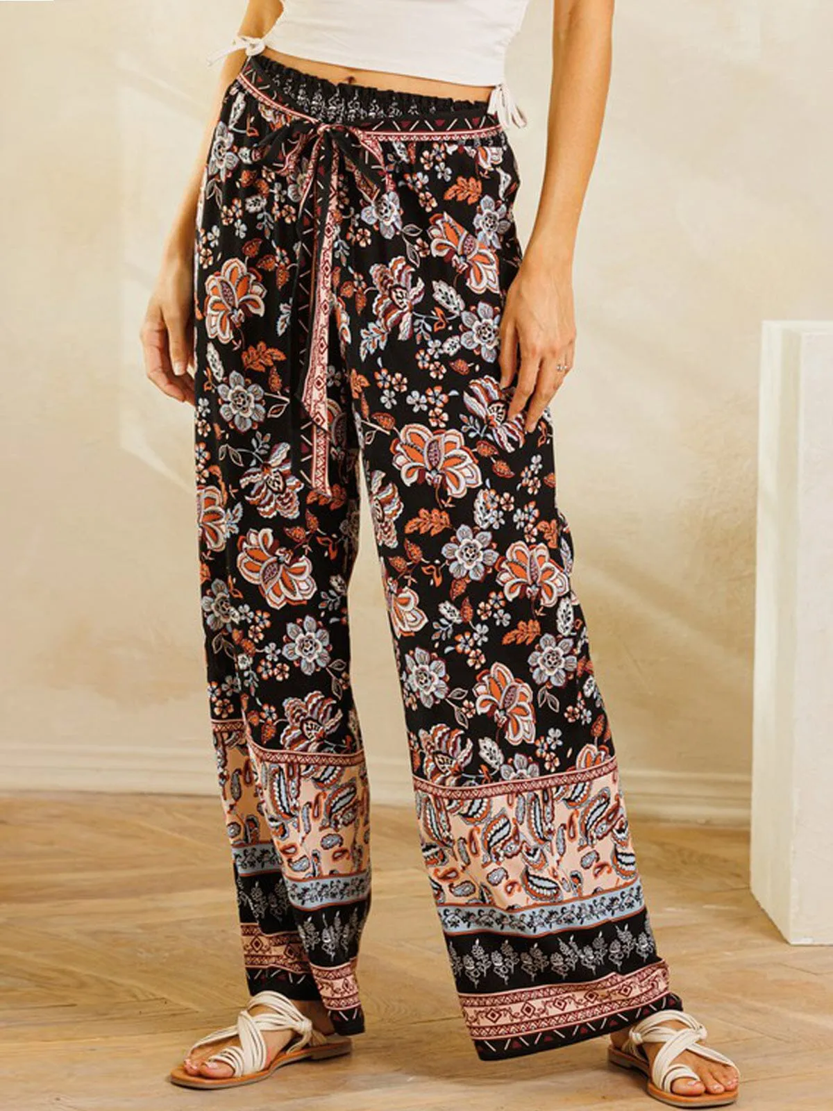 WOMEN'S WIDE LEG MULTI PRINT SELF TIE PANTS