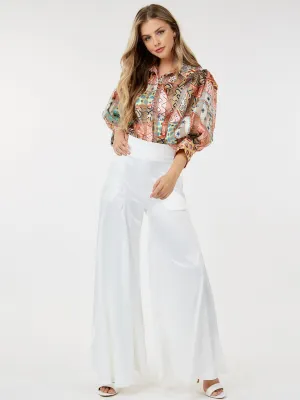 WOMEN'S ZIP UP BELL BOTTOMS SATIN PANTS