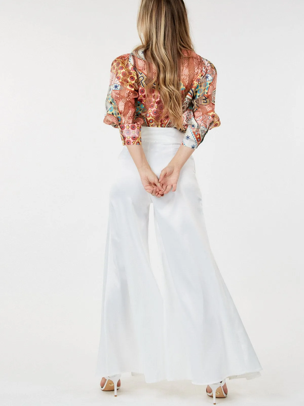 WOMEN'S ZIP UP BELL BOTTOMS SATIN PANTS