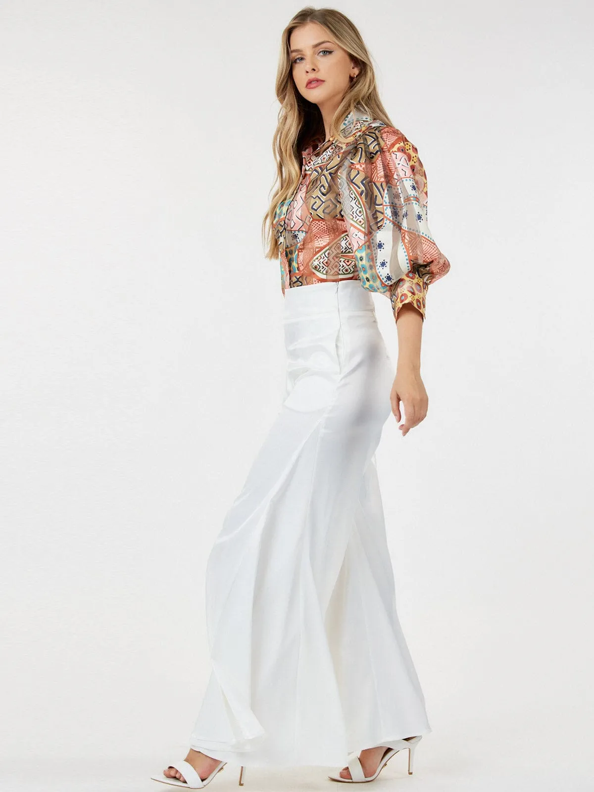 WOMEN'S ZIP UP BELL BOTTOMS SATIN PANTS