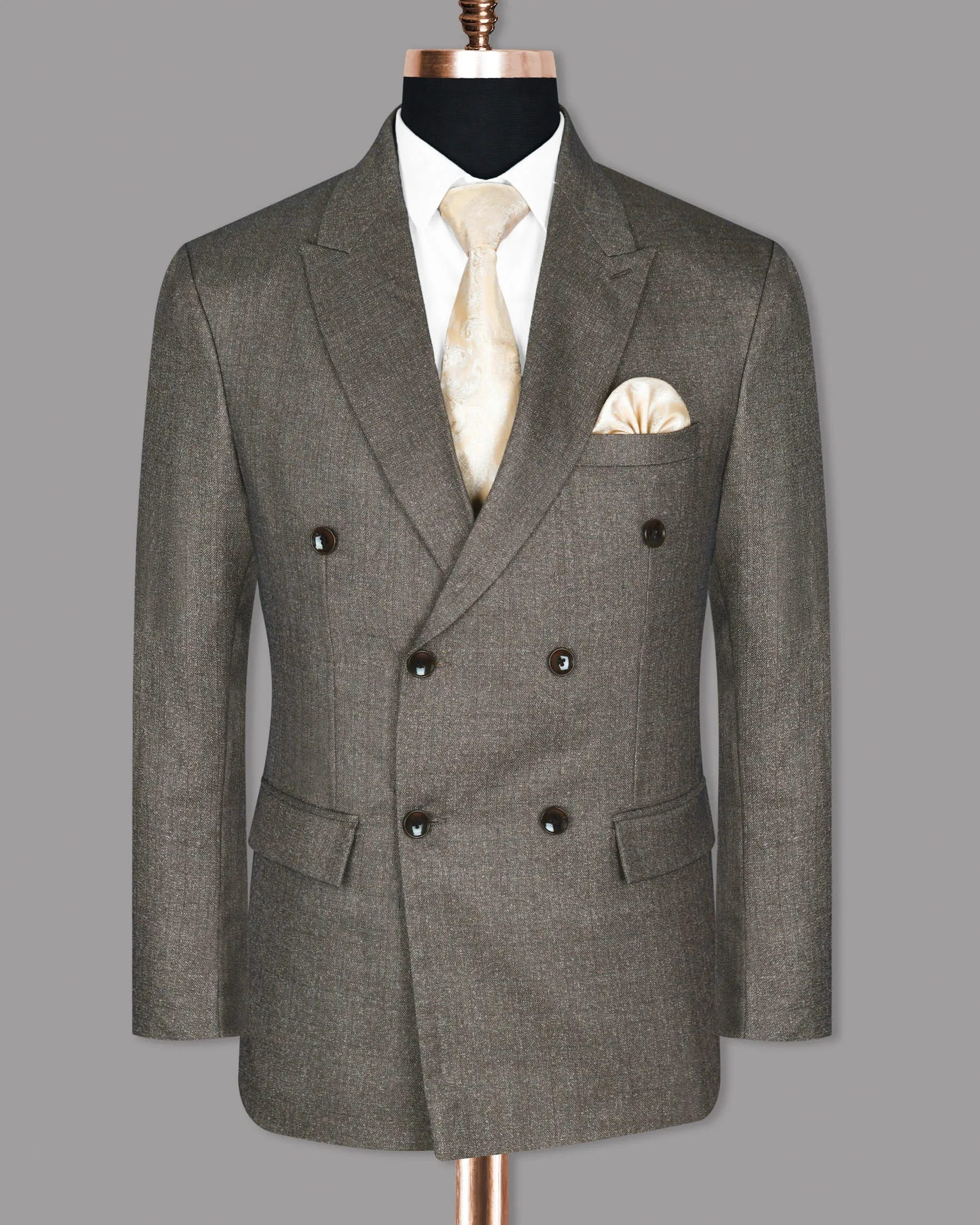Wood brown with Subtle Navy Textured Wool Rich Double Breasted Tweed Blazer