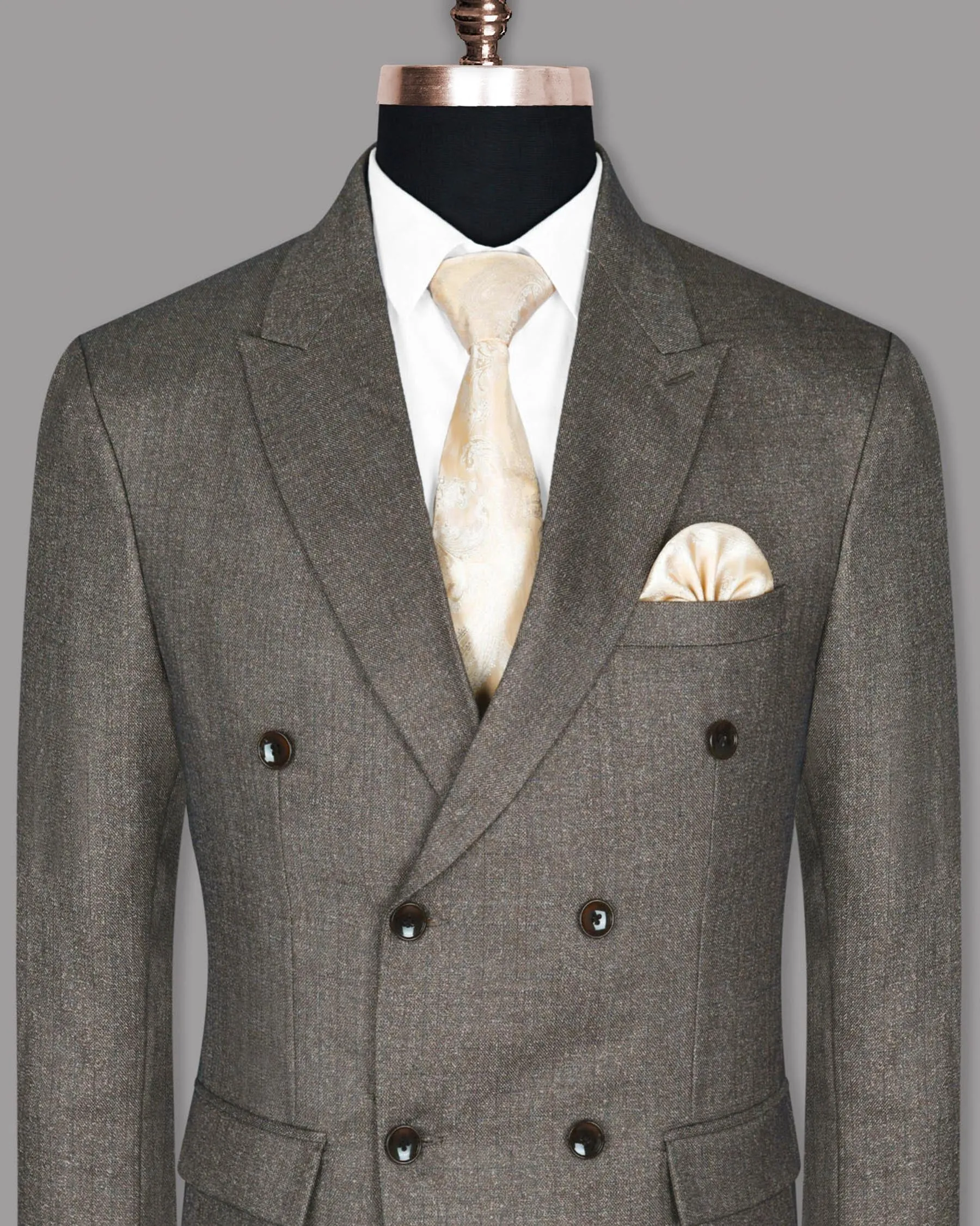 Wood brown with Subtle Navy Textured Wool Rich Double Breasted Tweed Blazer