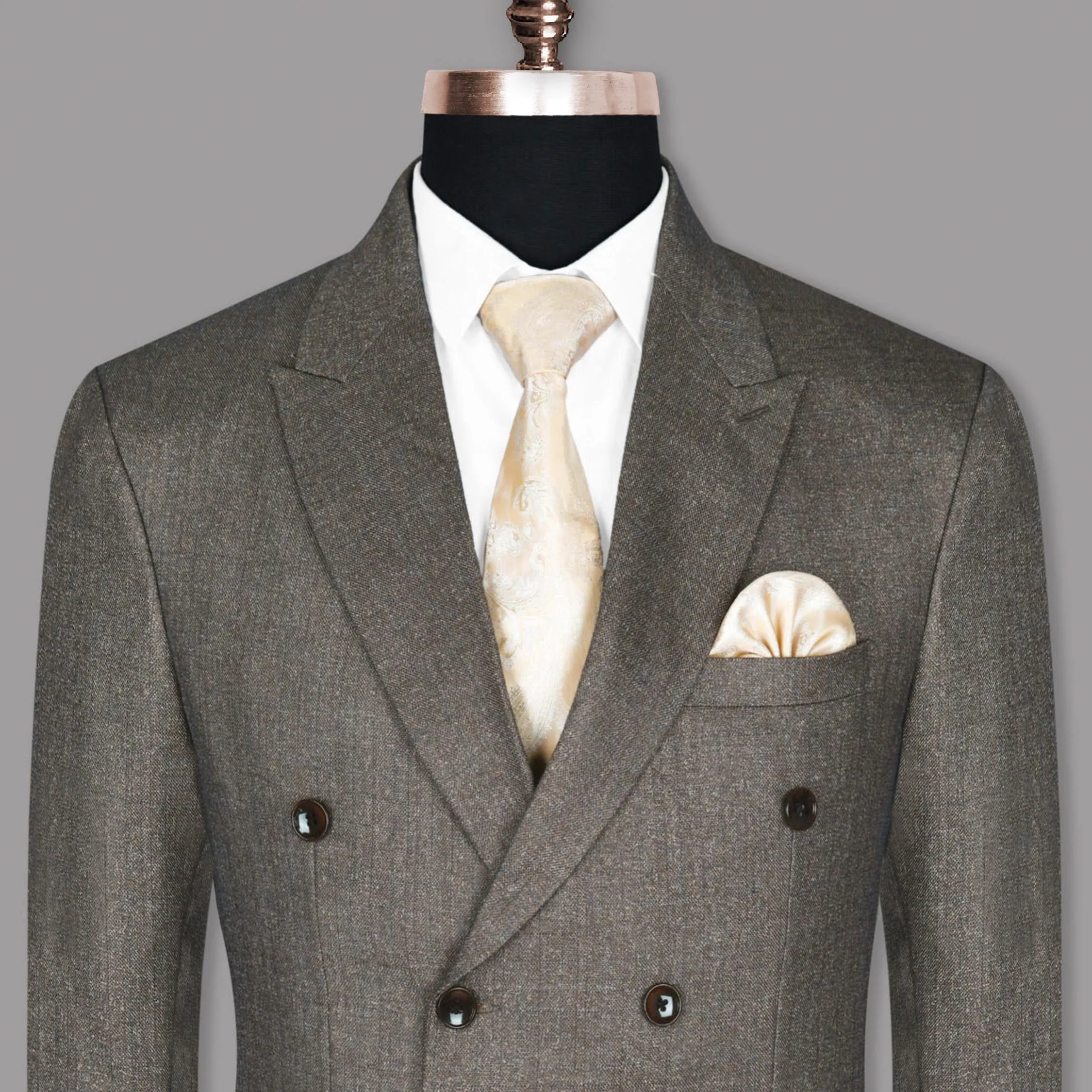 Wood brown with Subtle Navy Textured Wool Rich Double Breasted Tweed Blazer