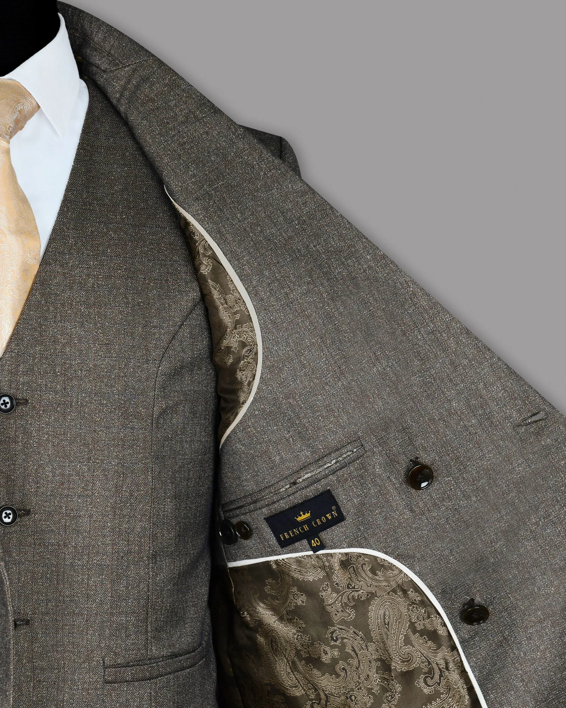 Wood brown with Subtle Navy Textured Wool Rich Double Breasted Tweed Blazer