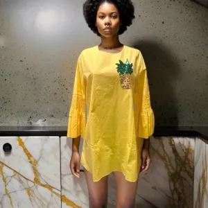 Yellow Embroidered Bell Sleeve Mini Dress