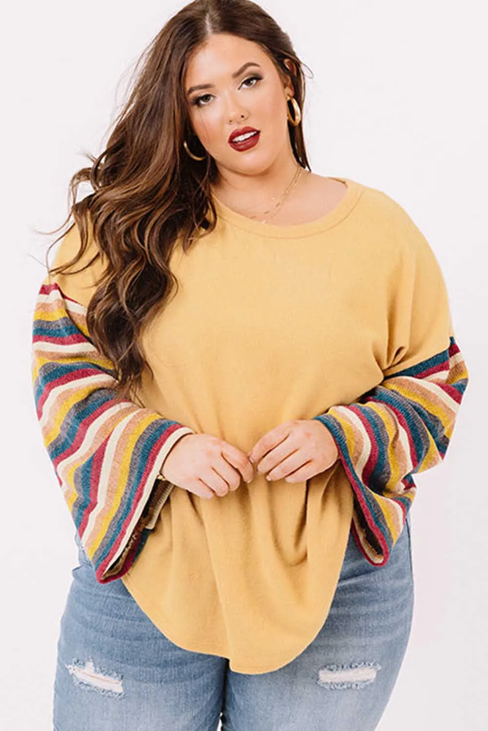 Yellow Serape Striped Bell Sleeve Plus Size Sweater