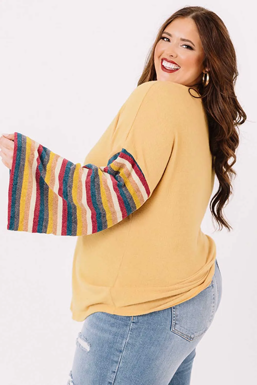 Yellow Serape Striped Bell Sleeve Plus Size Sweater