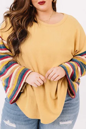 Yellow Serape Striped Bell Sleeve Plus Size Sweater