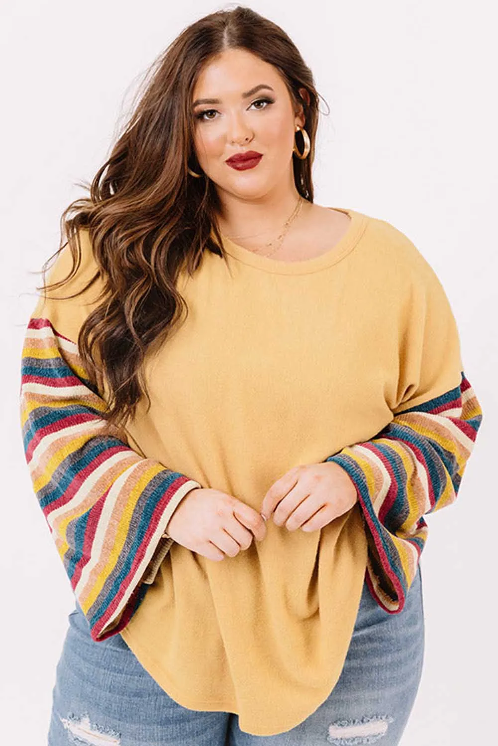 Yellow Serape Striped Bell Sleeve Plus Size Sweater