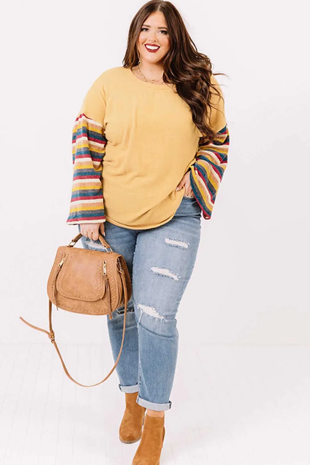 Yellow Serape Striped Bell Sleeve Plus Size Sweater