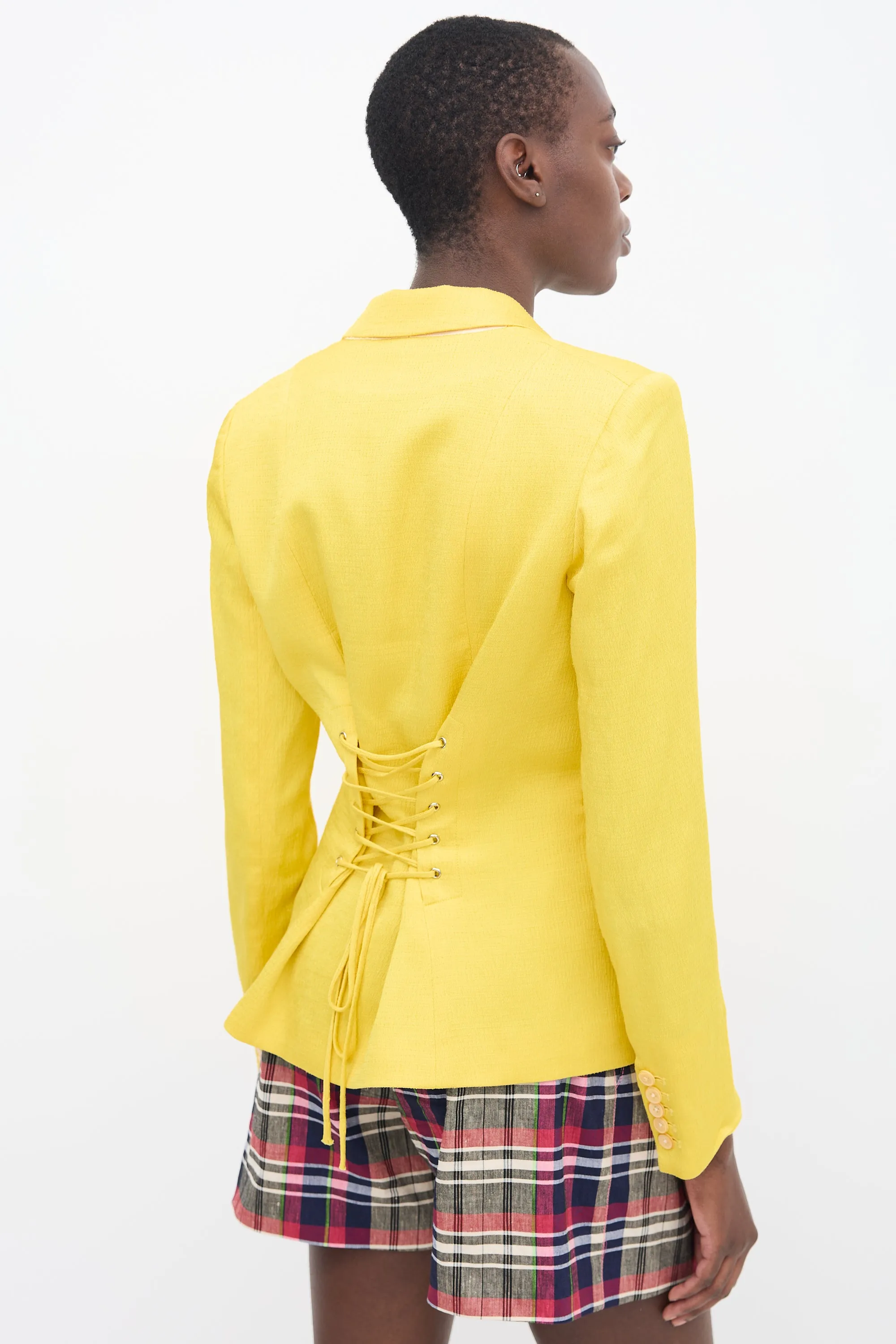 Yellow Textured Satin Lace-Up Blazer