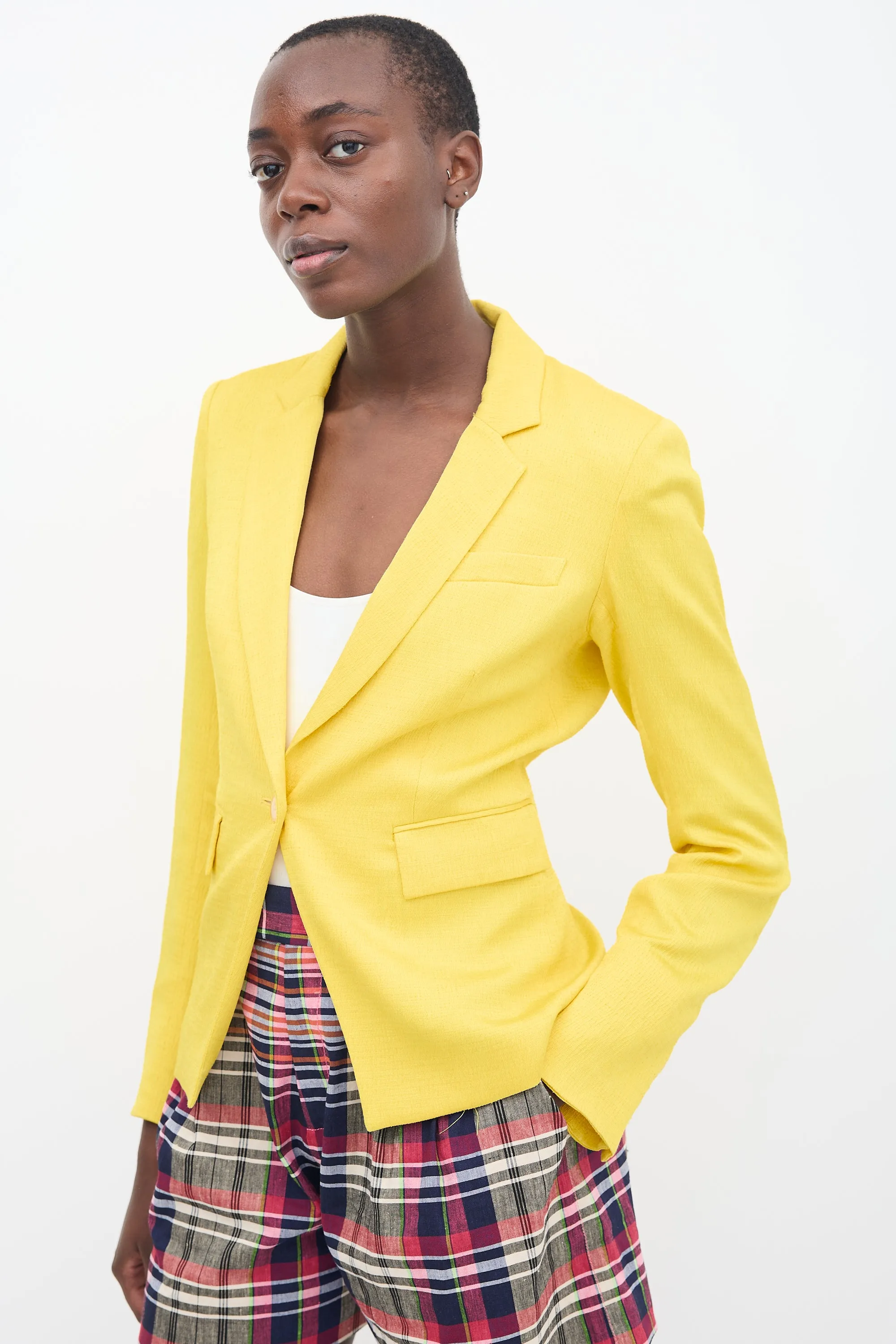Yellow Textured Satin Lace-Up Blazer