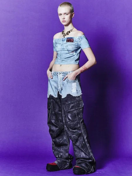 Zelda Off-Shoulder Denim Printed Tee | Denim Blue