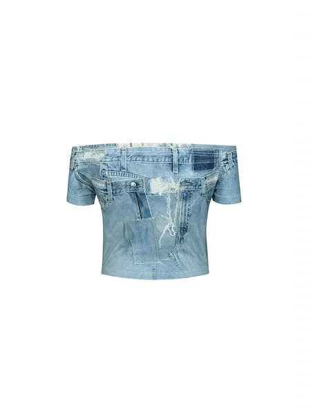 Zelda Off-Shoulder Denim Printed Tee | Denim Blue
