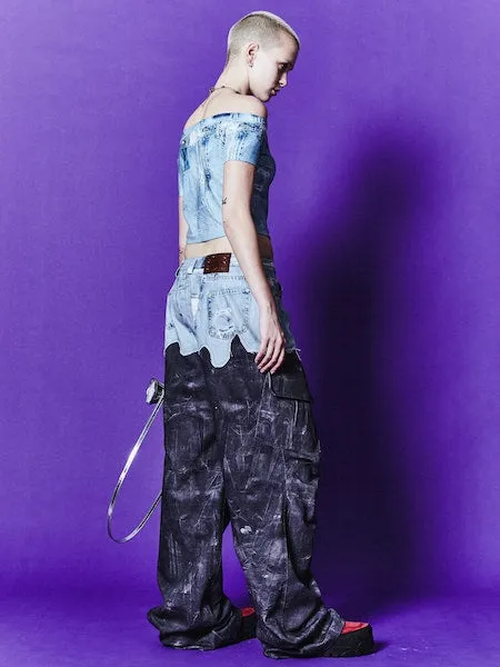 Zelda Off-Shoulder Denim Printed Tee | Denim Blue