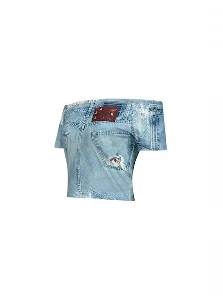 Zelda Off-Shoulder Denim Printed Tee | Denim Blue
