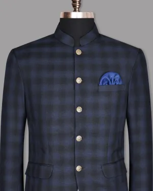 Zodiac Blue Plaid Bandhgala/Mandarin Wool-Silk blend Blazer