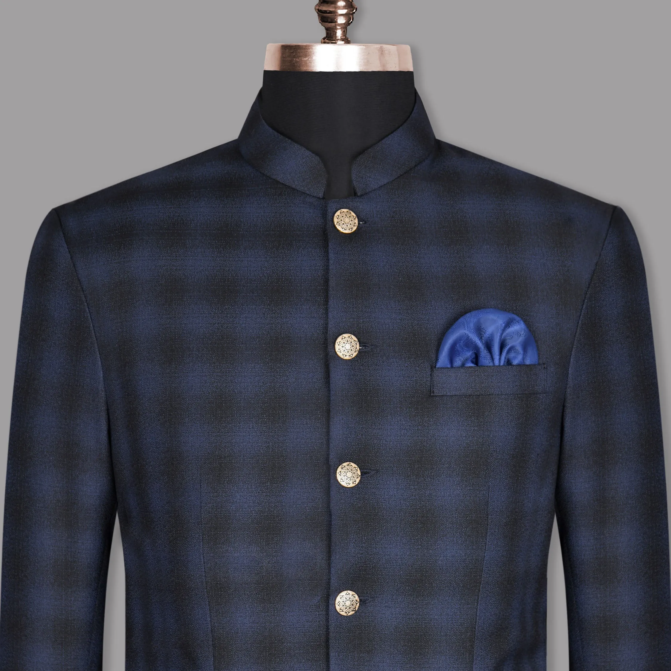 Zodiac Blue Plaid Bandhgala/Mandarin Wool-Silk blend Blazer