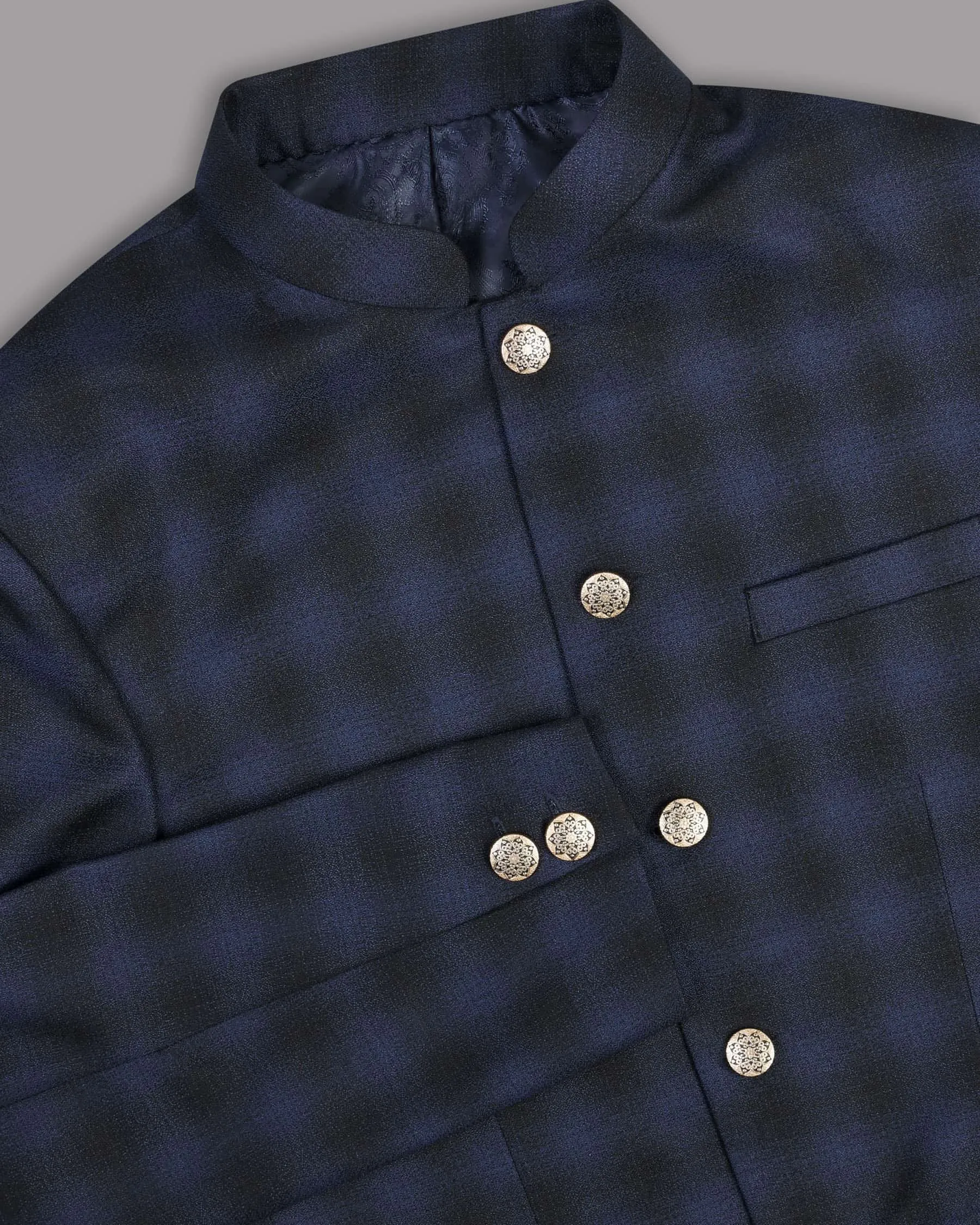 Zodiac Blue Plaid Bandhgala/Mandarin Wool-Silk blend Blazer