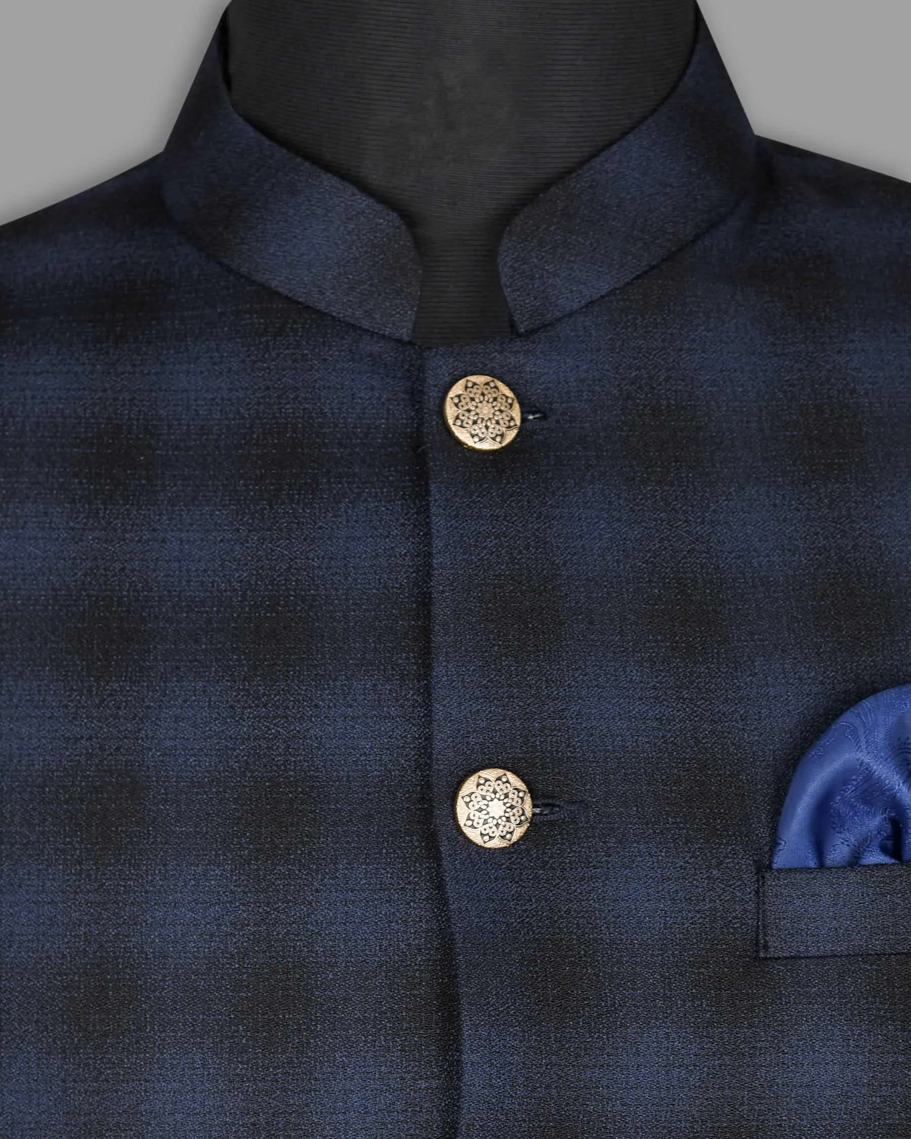 Zodiac Blue Plaid Bandhgala/Mandarin Wool-Silk blend Blazer