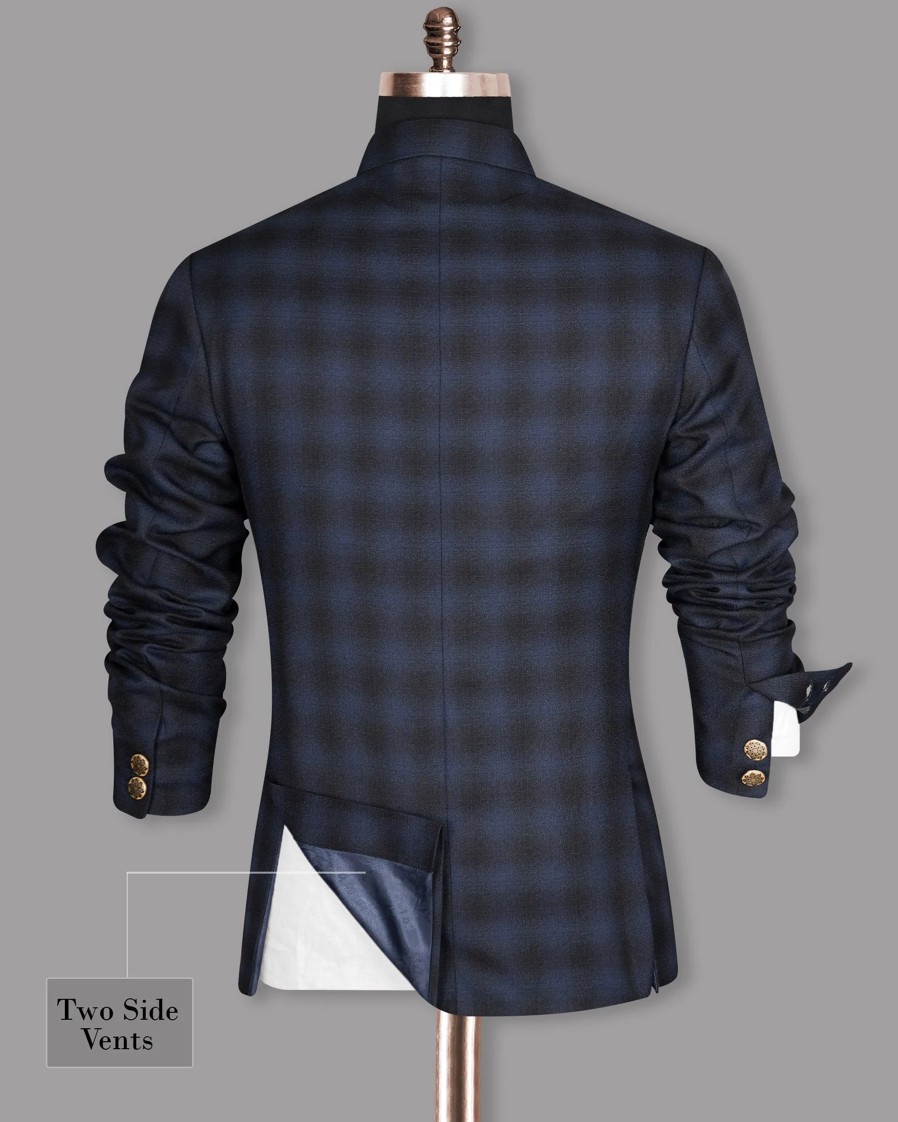 Zodiac Blue Plaid Bandhgala/Mandarin Wool-Silk blend Blazer