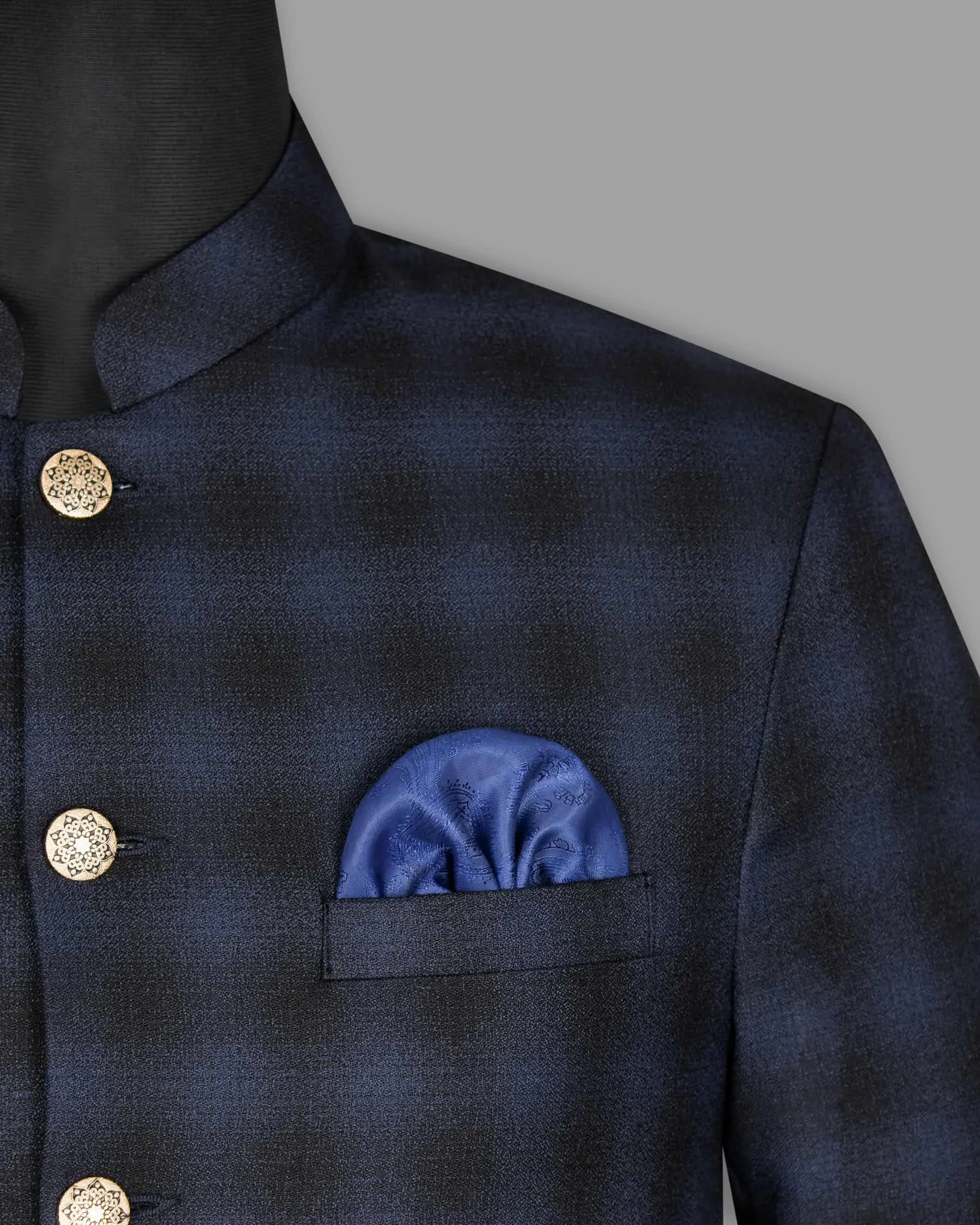 Zodiac Blue Plaid Bandhgala/Mandarin Wool-Silk blend Blazer
