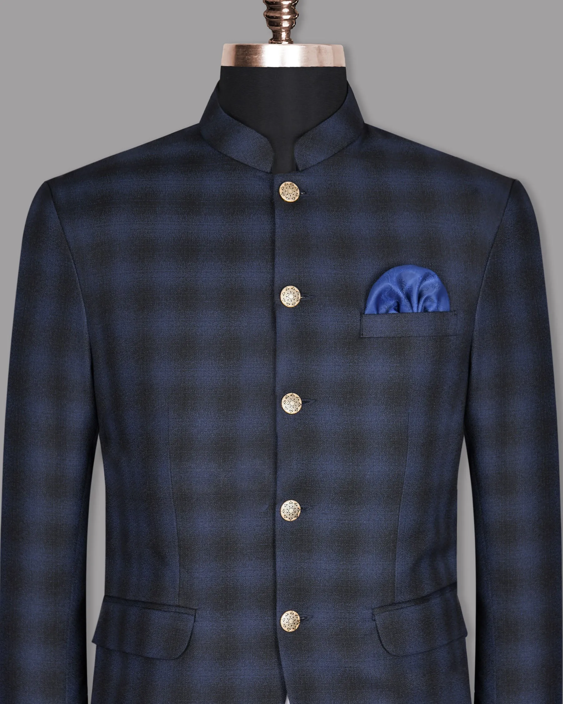 Zodiac Blue Plaid Bandhgala/Mandarin Wool-Silk blend Blazer
