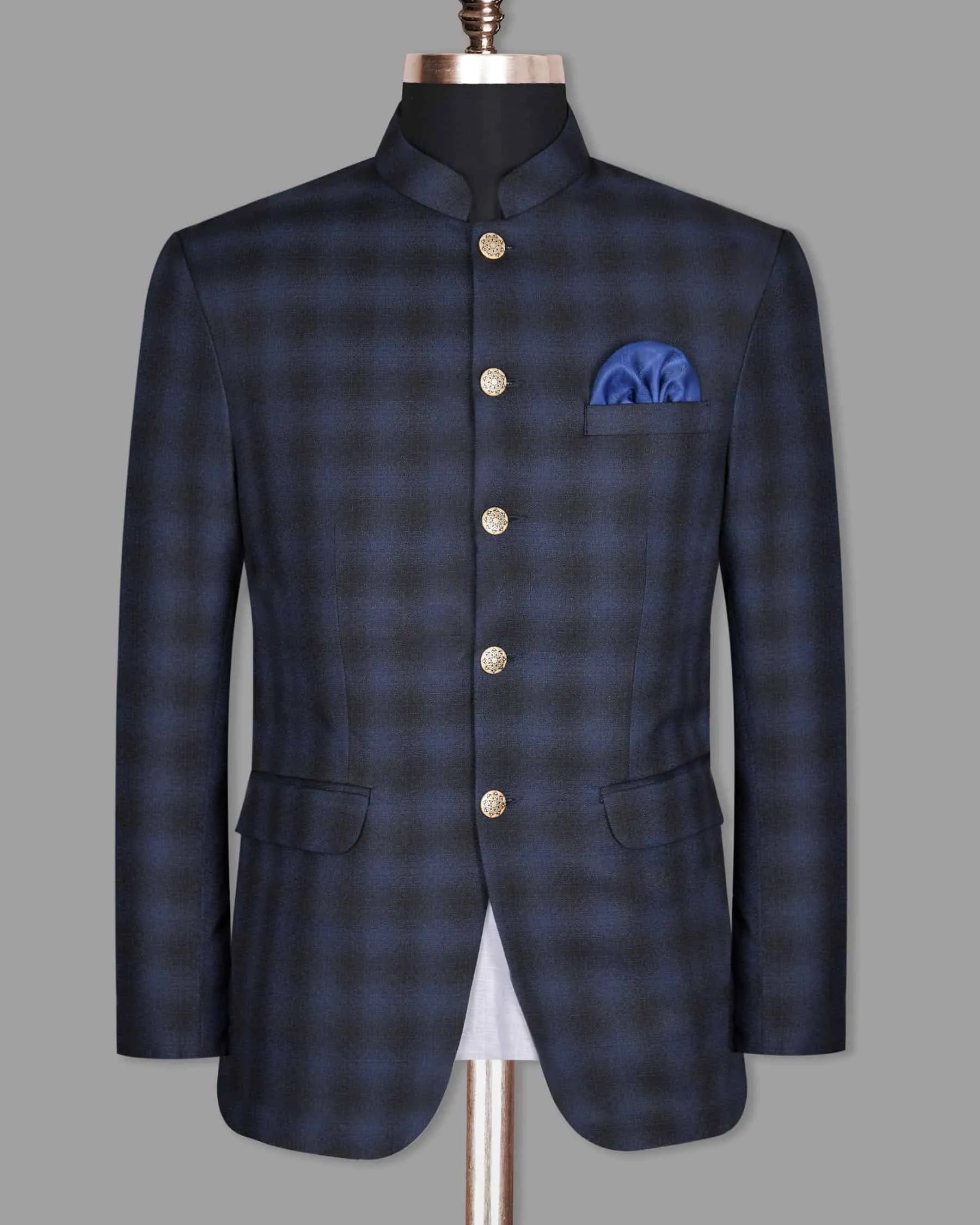 Zodiac Blue Plaid Bandhgala/Mandarin Wool-Silk blend Blazer