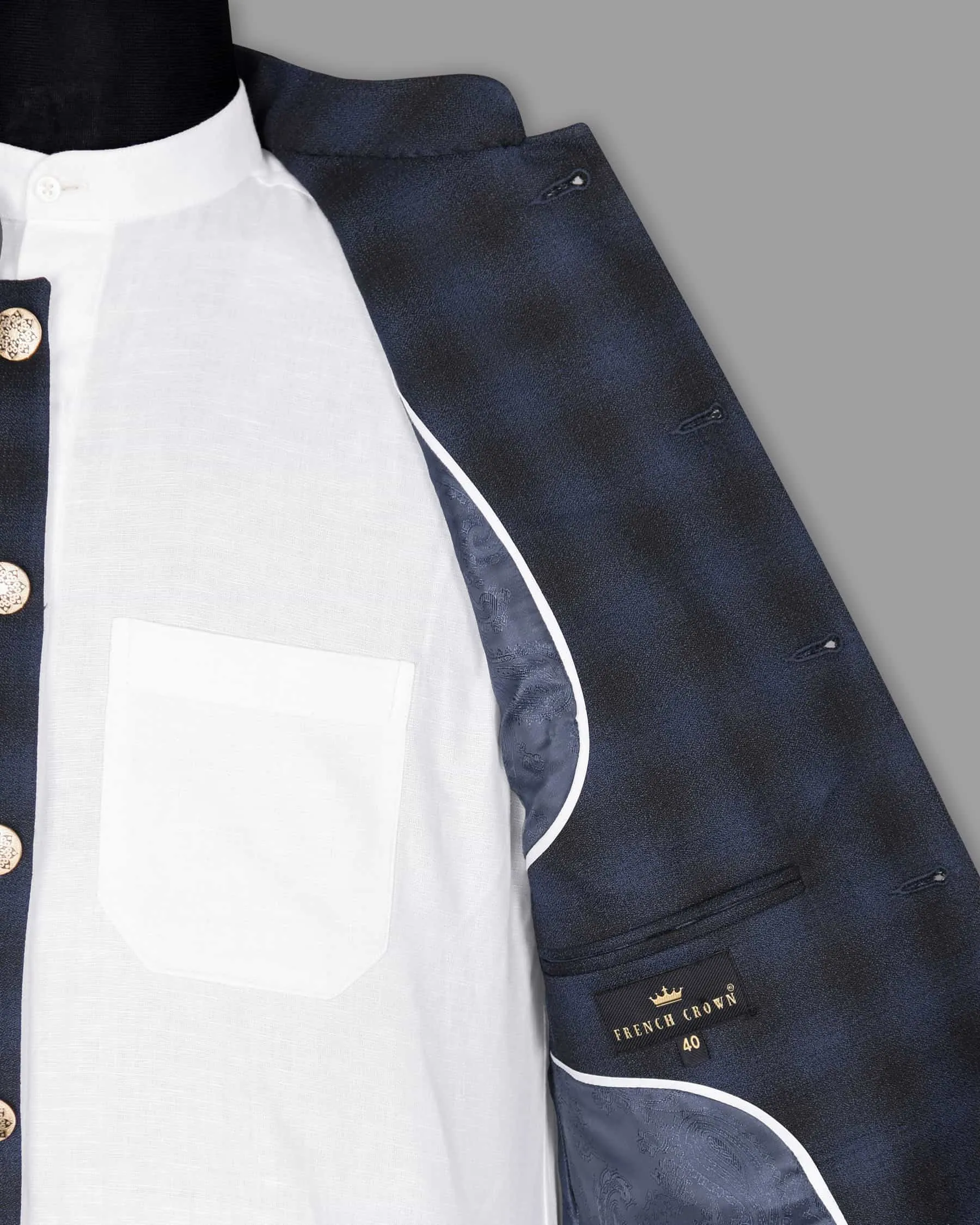 Zodiac Blue Plaid Bandhgala/Mandarin Wool-Silk blend Blazer